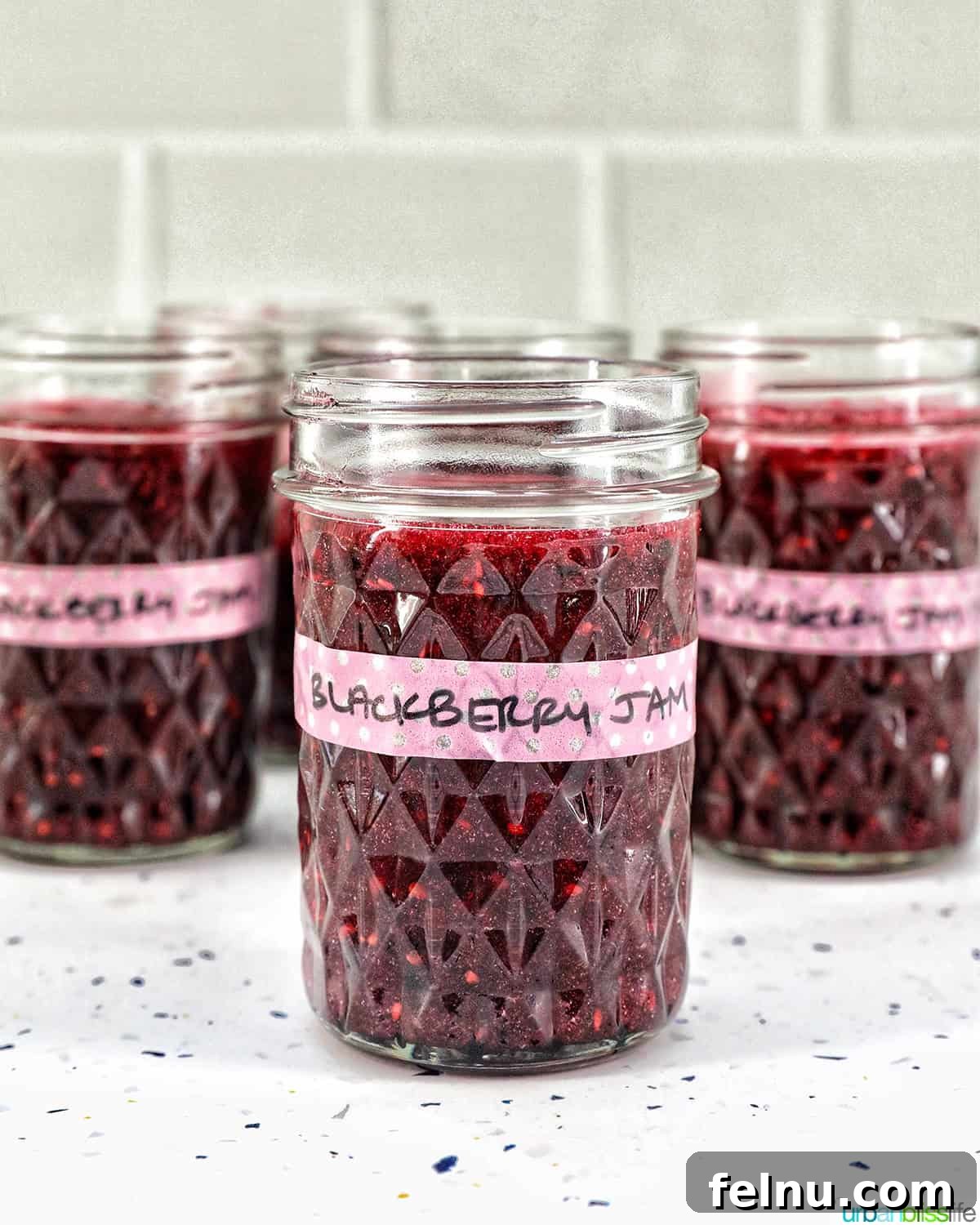 Homemade No-Cook Blackberry Jam 2 mason jars filled with blackberry freezer jam.