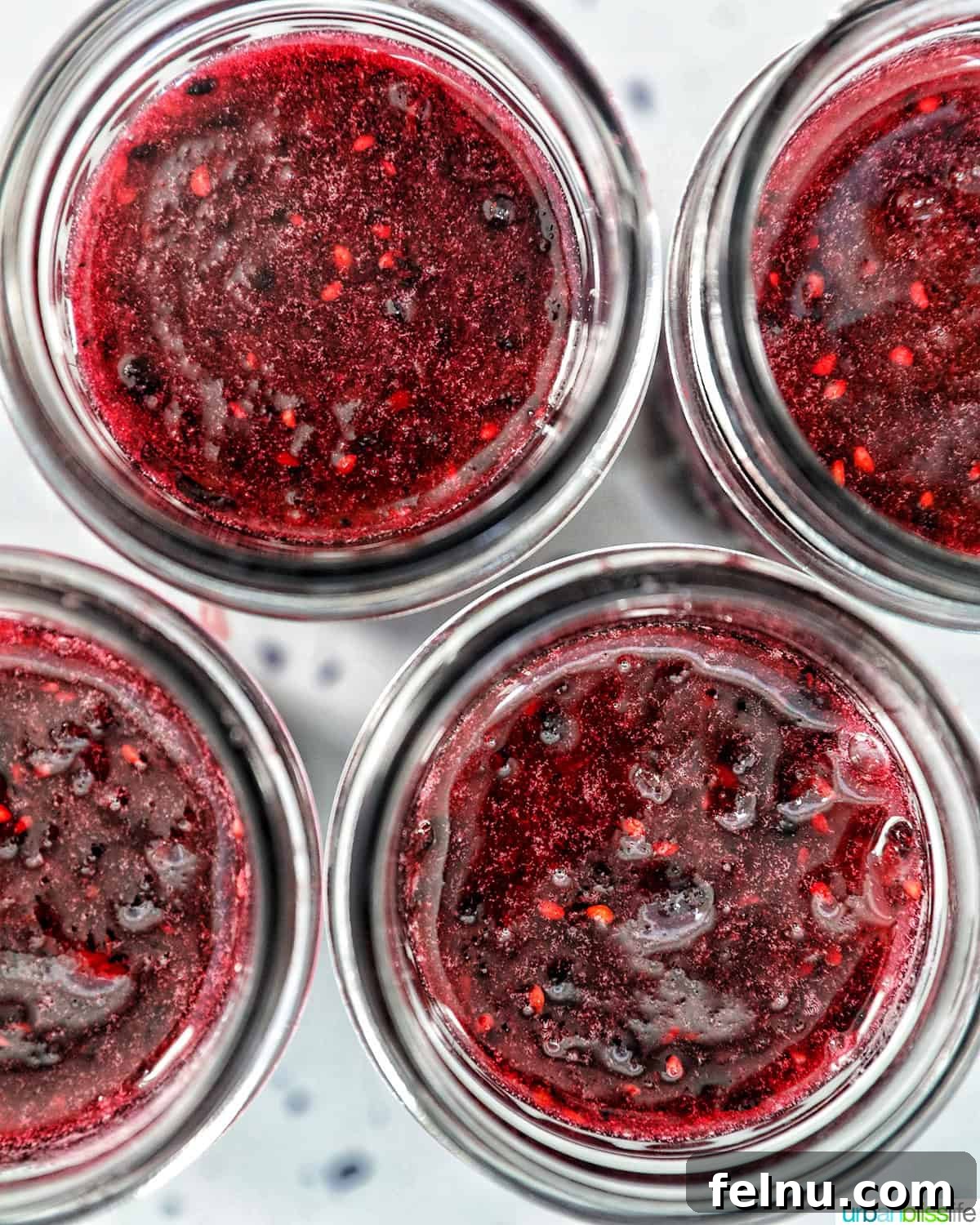 Homemade No-Cook Blackberry Jam 3 mason jars filled with blackberry freezer jam.
