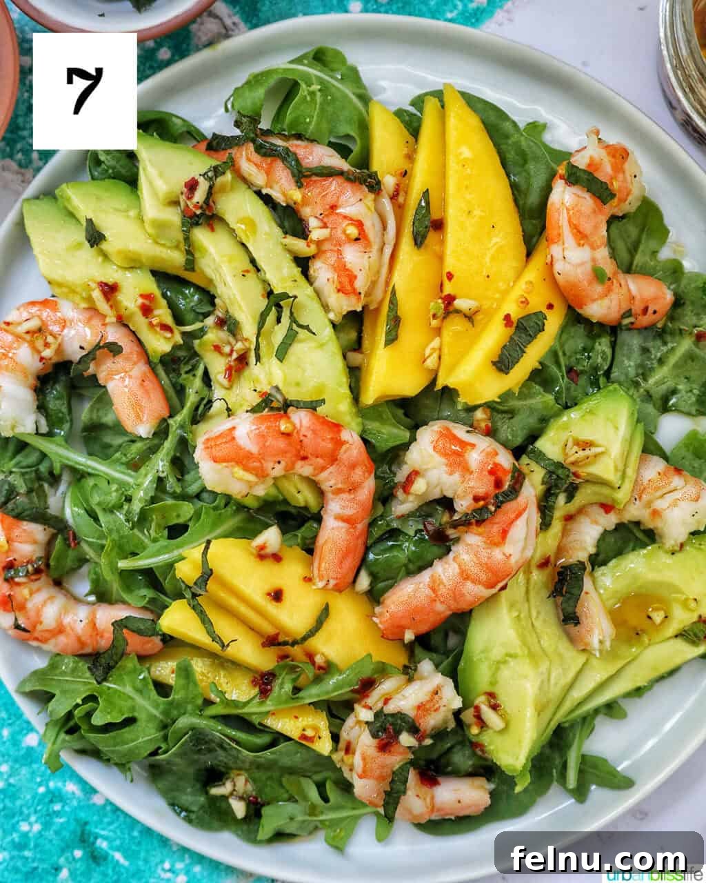 Mango Avocado Shrimp Salad 11 The finished salad, drizzled with chili lime dressing and ready to enjoy