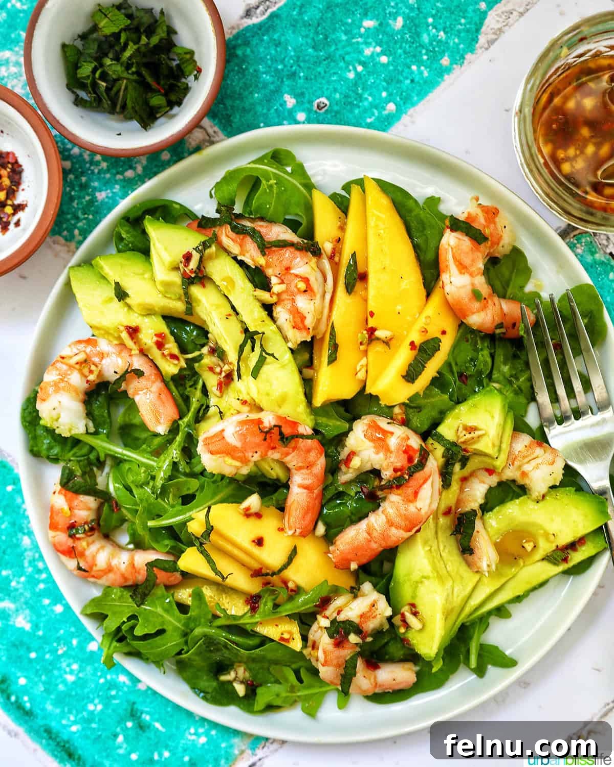 Mango Avocado Shrimp Salad 12 A perfectly plated Mango Avocado Prawn Salad with sides of garnishes