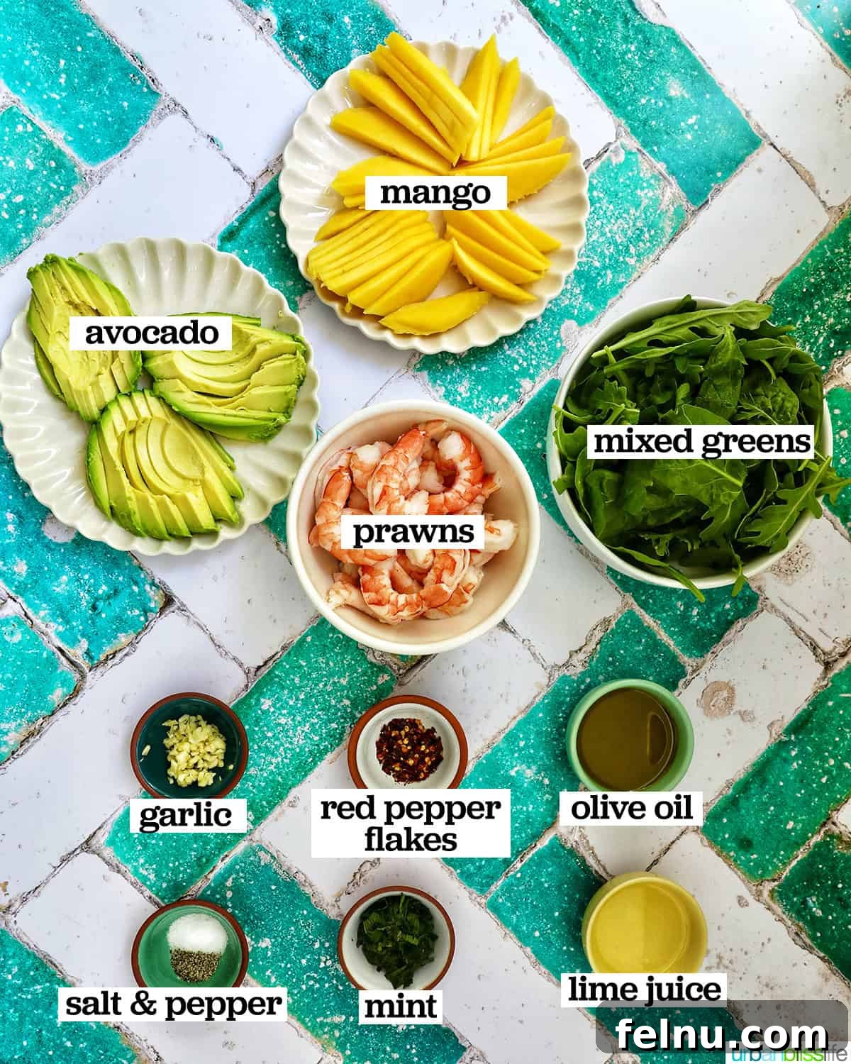 Mango Avocado Shrimp Salad 4 Bowls filled with fresh ingredients ready to create the Mango Avocado Prawn Salad