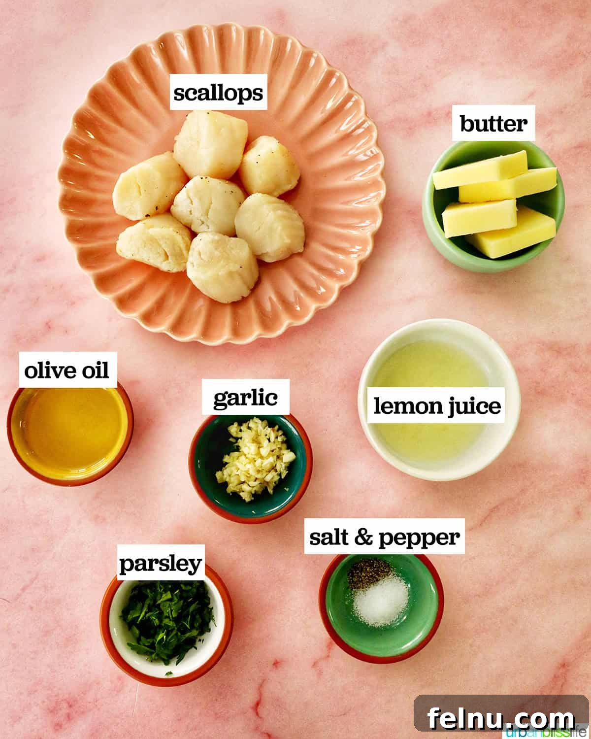 Bowls of ingredients to make cast iron scallops.