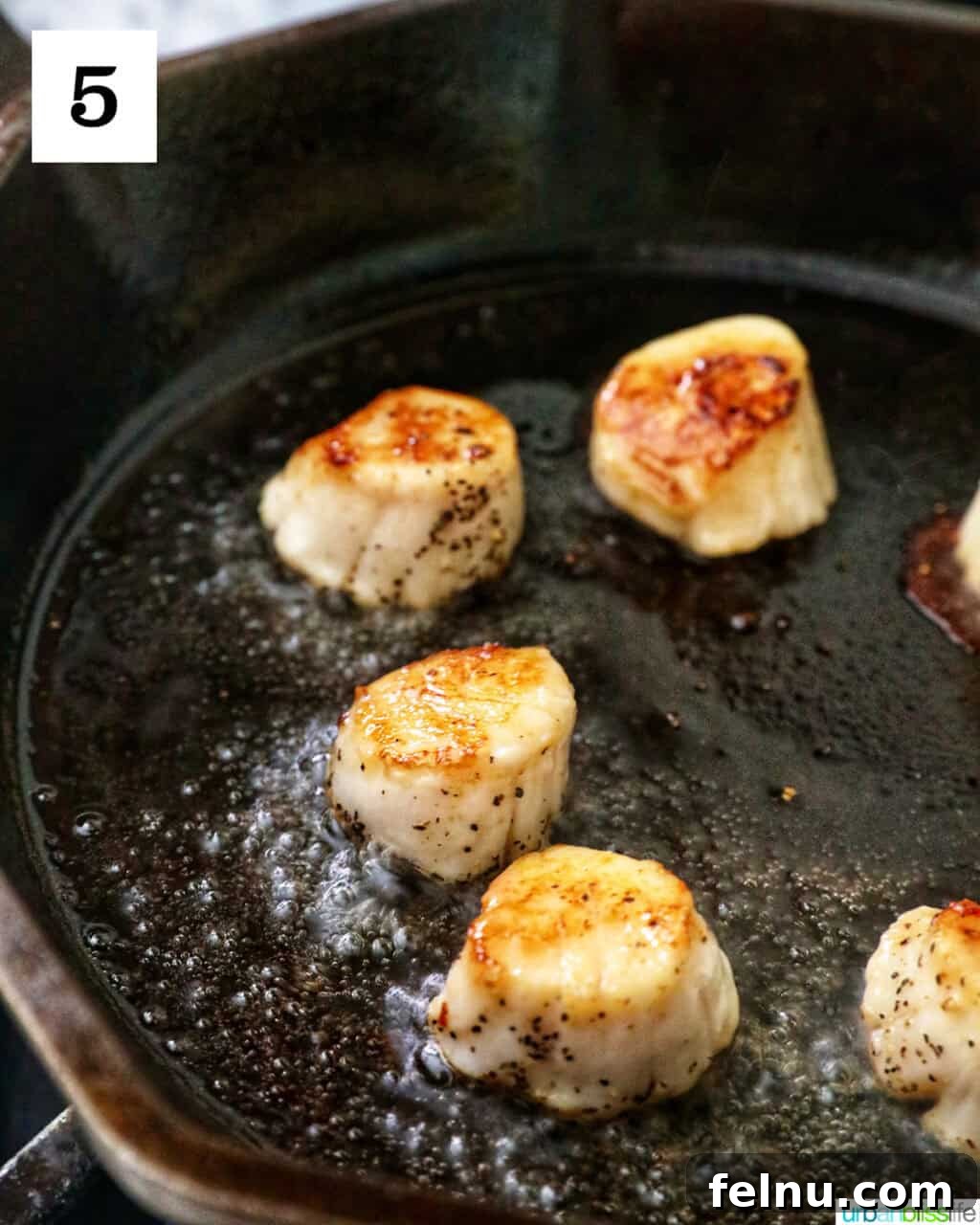 Seared scallops in a cast iron skillet.