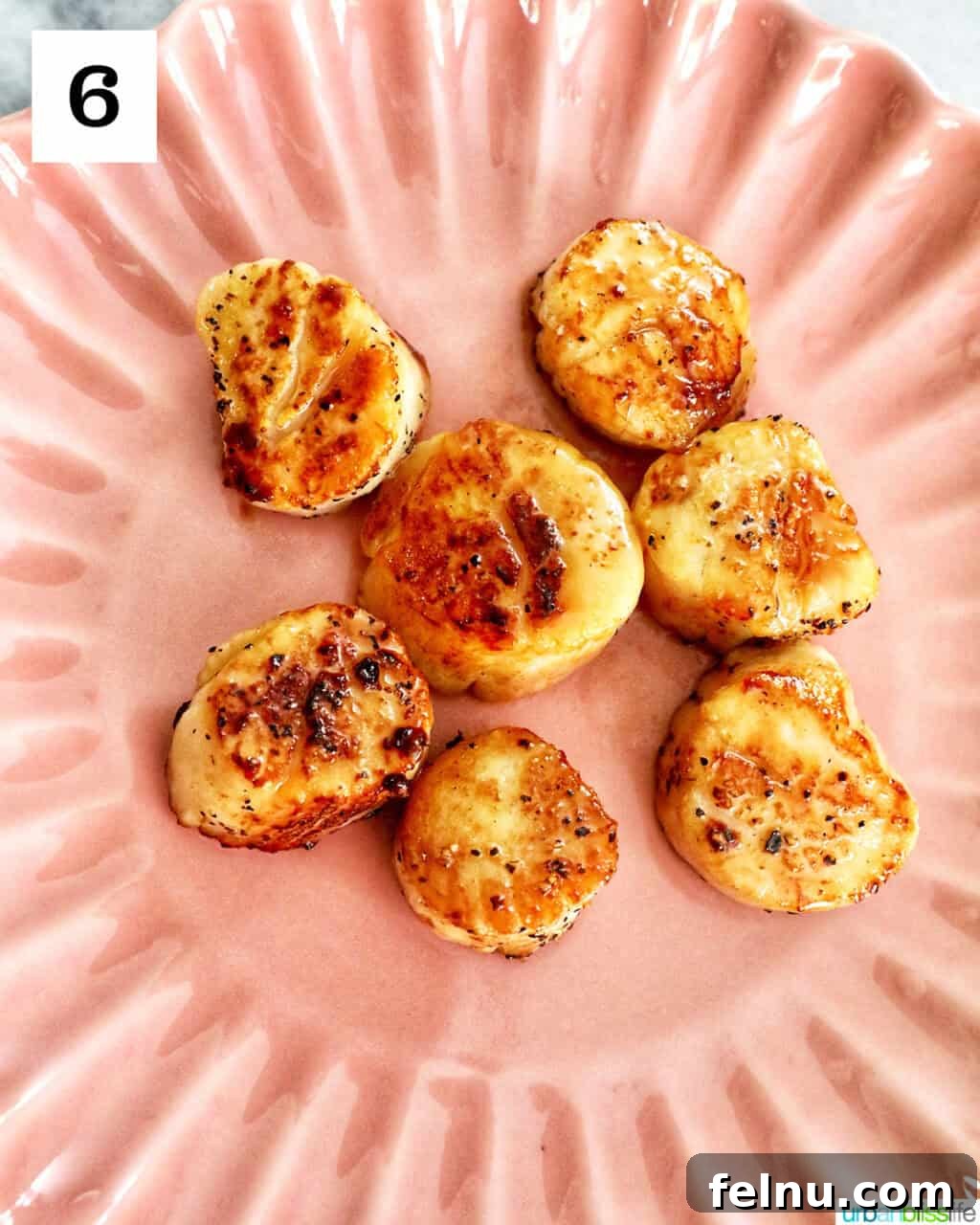 Pink plate with seared scallops.