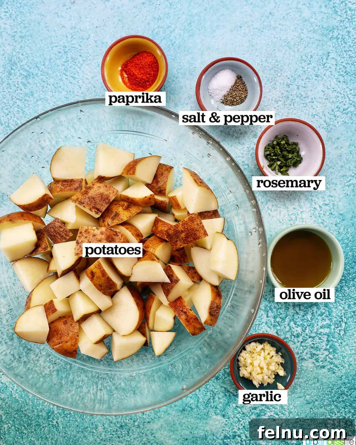Crispy Rosemary Garlic Potatoes 4 bowls of ingredients to make rosemary and garlic roasted potatoes.