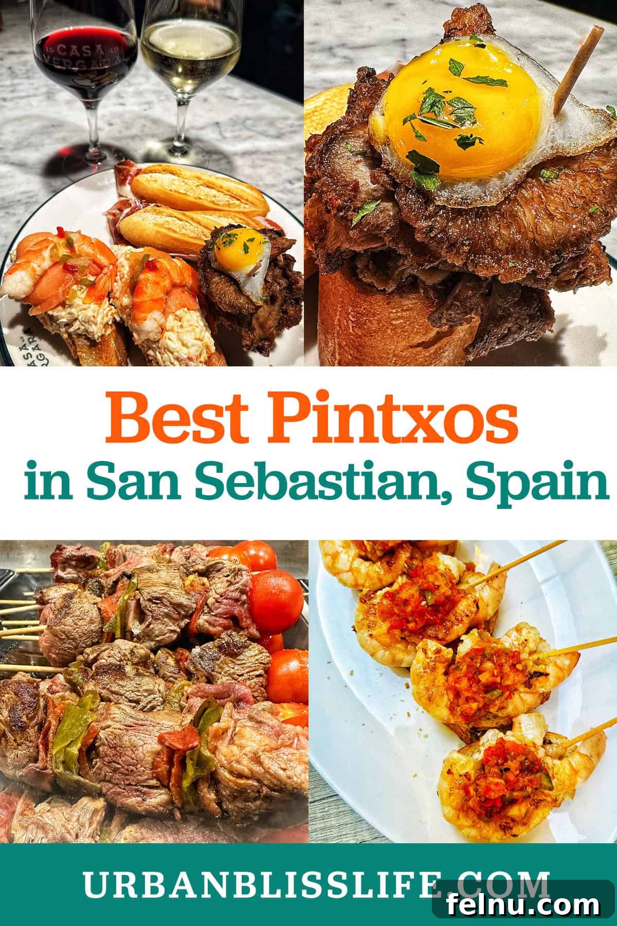 Savoring San Sebastian's Finest Pintxos 2 An enticing display of various meat and seafood pintxos, highlighting the culinary richness of San Sebastian. Title text "Best Pintxos in San Sebastian."