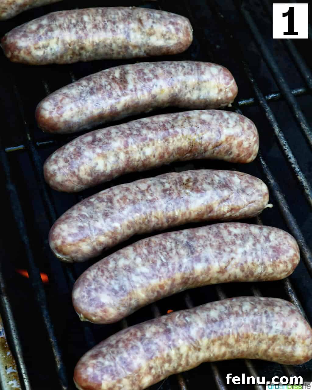 Grilled Bratwurst Bliss 5 Uncooked brats on a grill