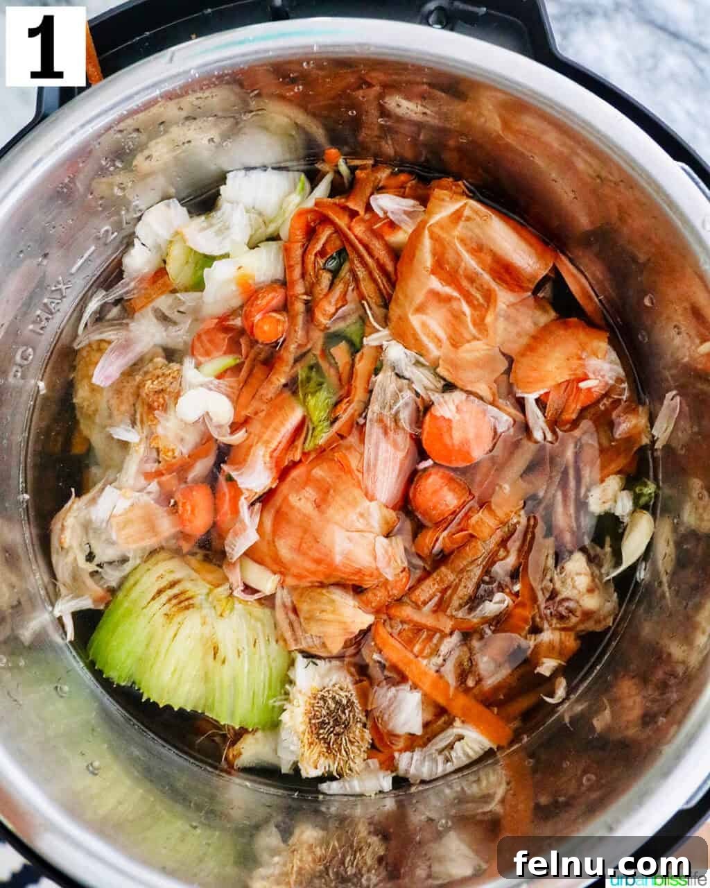 Chicken bones and vegetable scraps in an Instant Pot