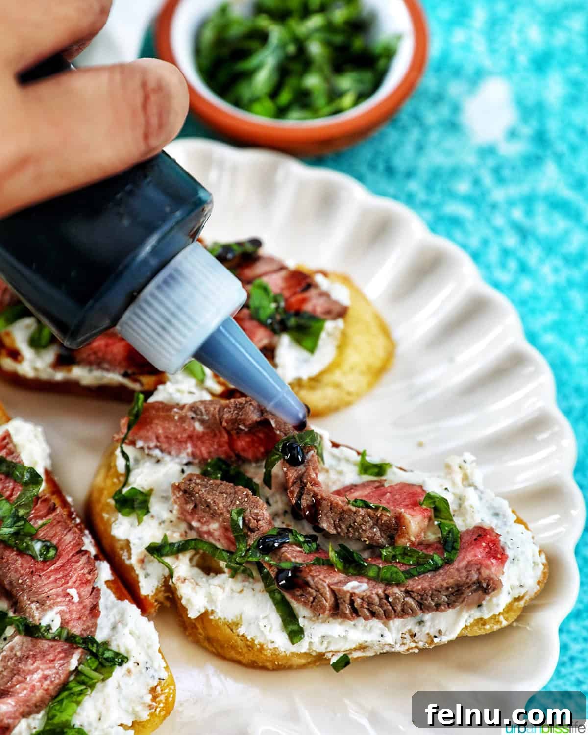 Crafting the Perfect Balsamic Reduction 2 Balsamic glaze drizzled over steak crostini.