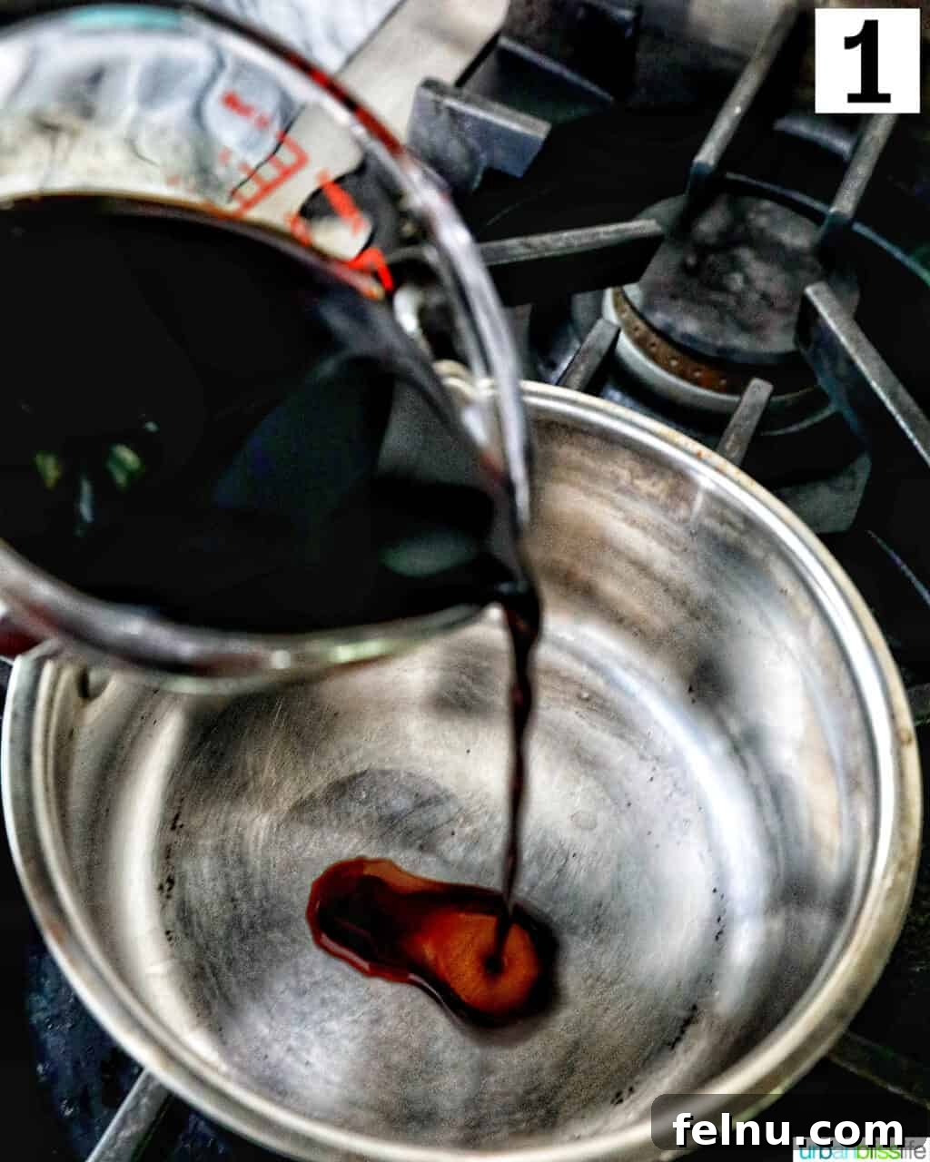 Crafting the Perfect Balsamic Reduction 4 Pouring balsamic vinegar into a saucepan.