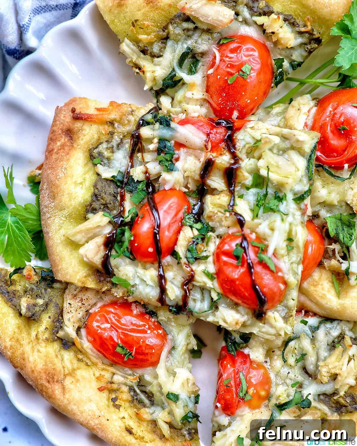 Crafting the Perfect Balsamic Reduction 8 Chicken pesto flatbread with balsamic glaze.