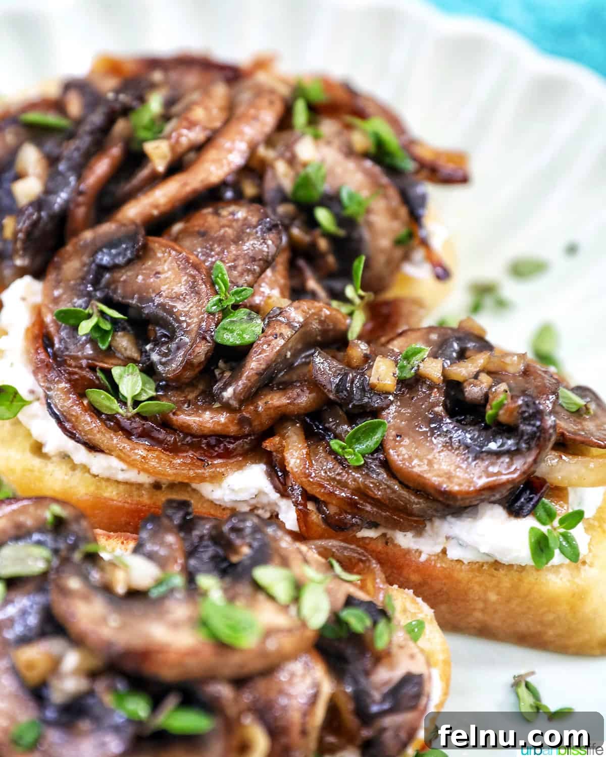 Savory Mushroom Toasts 2 Stack of mushroom crostini on a plate, showcasing a close-up of the delicious topping.