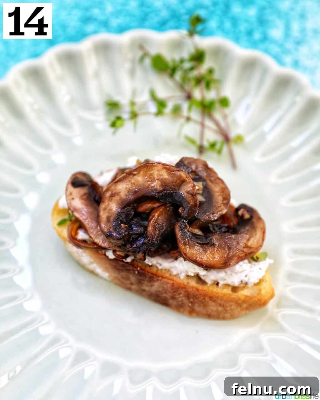 Savory Mushroom Toasts 18 A single mushroom crostini, fully assembled and garnished, displayed elegantly on a plate.