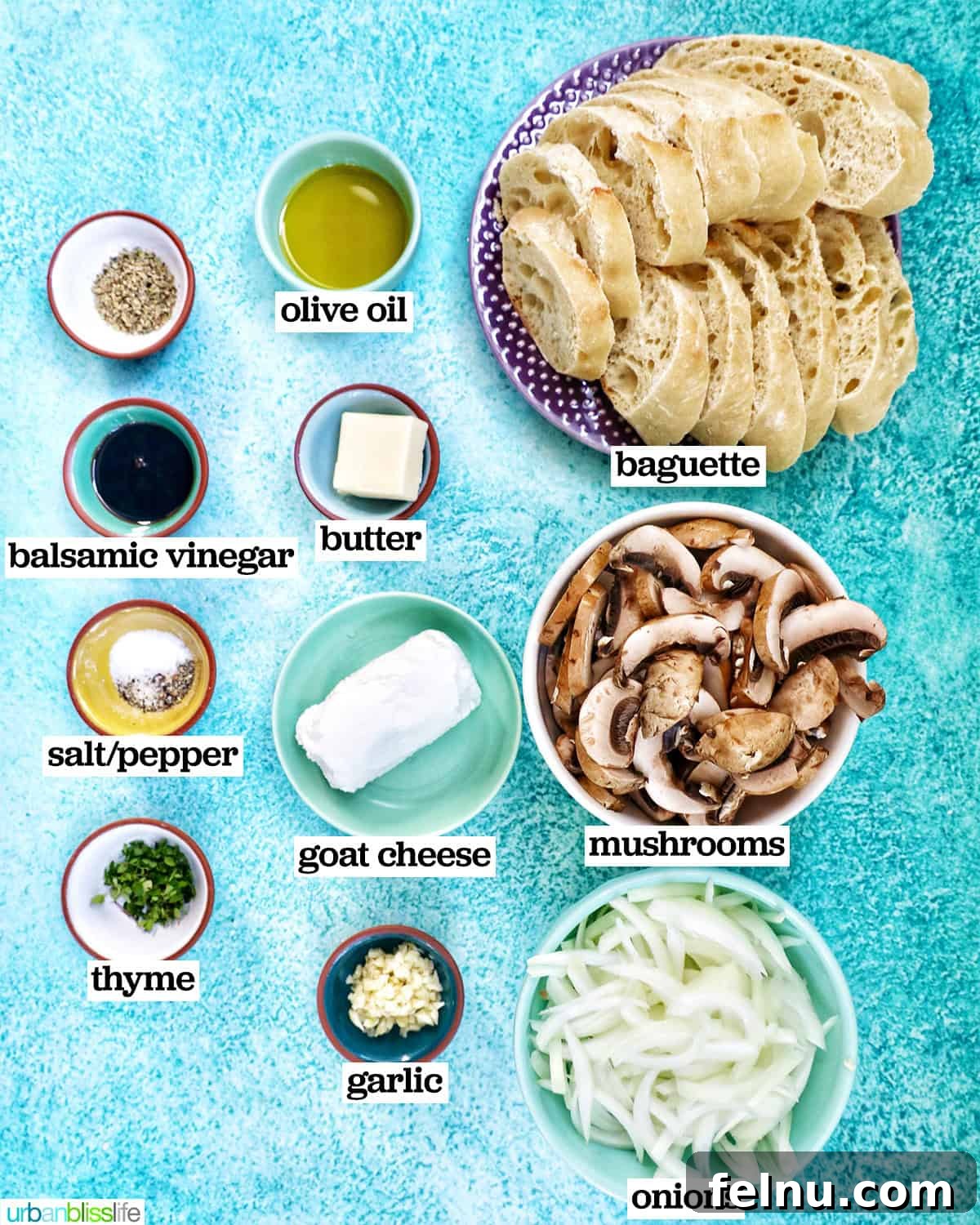 Savory Mushroom Toasts 4 Bowls and plates displaying all the fresh ingredients needed to make mushroom crostini.