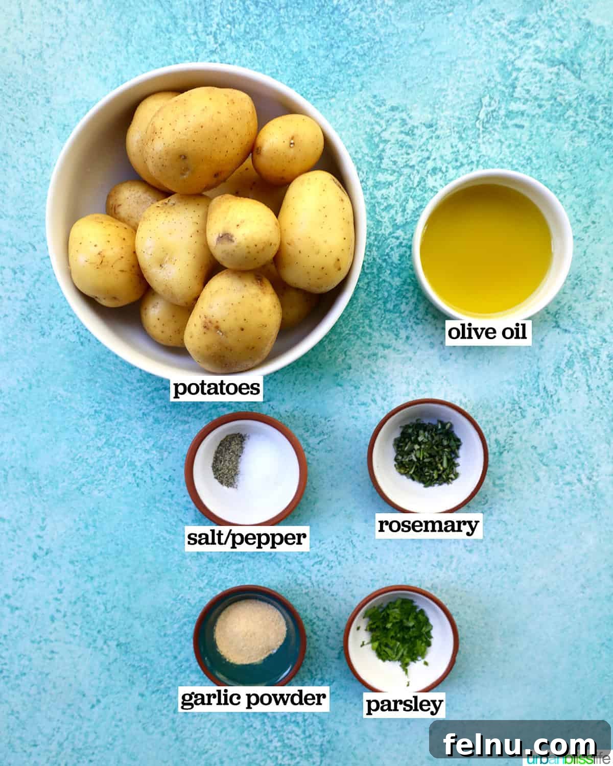 Crispy Air-Fried Smashed Potatoes 4 Bowls of ingredients including baby potatoes, olive oil, and fresh herbs, laid out for making air fryer smashed potatoes.