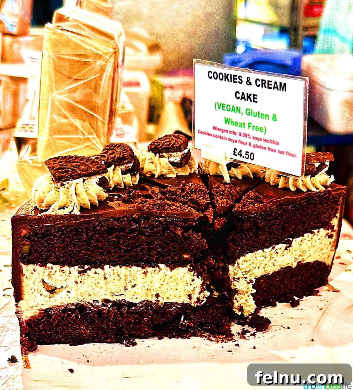 London's Culinary Gems 9 A slice of rich vegan chocolate cake, moist and decadent, from a bakery at Borough Market in London.