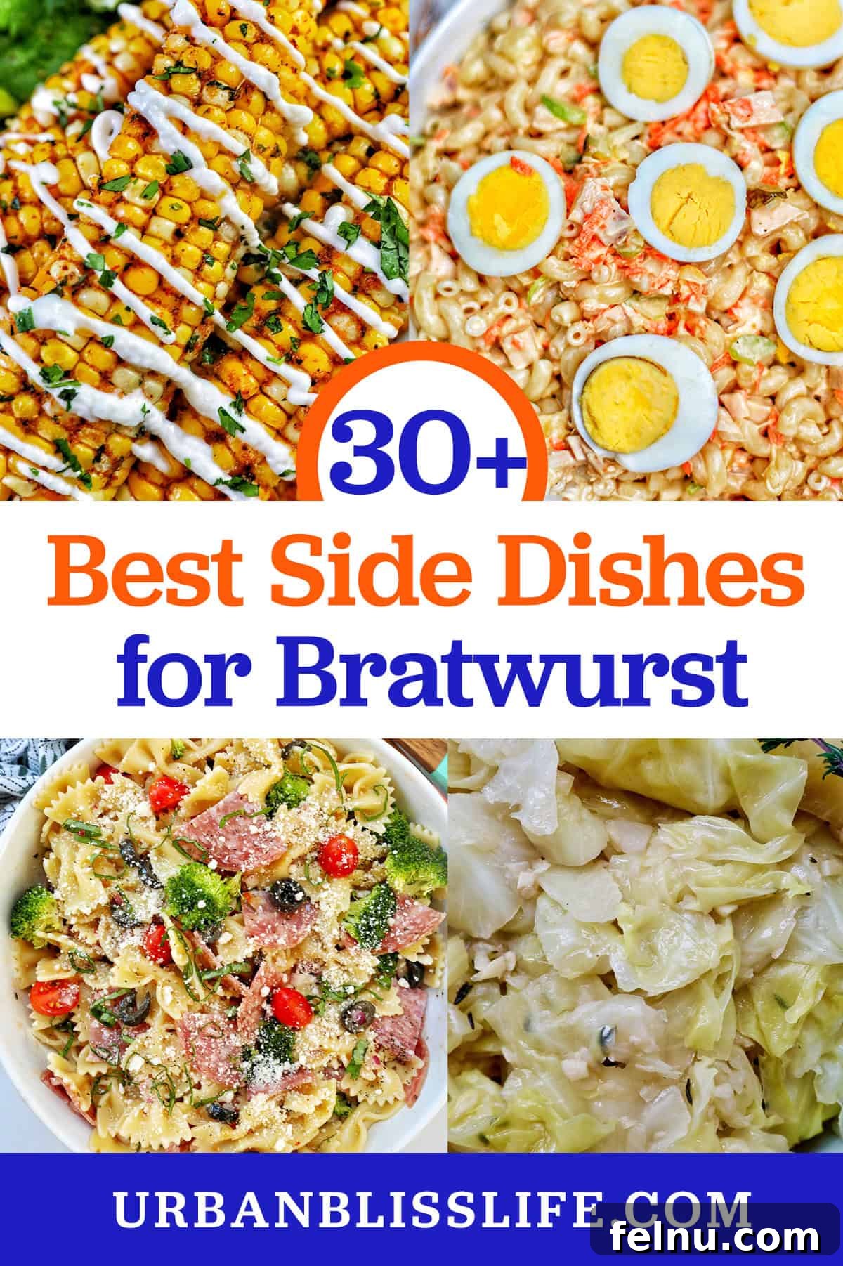 Beyond Bratwurst: 30+ Perfect Pairings 2 Collage of bratwurst side dishes including air fryer corn ribs, macaroni salad, and pasta salad.
