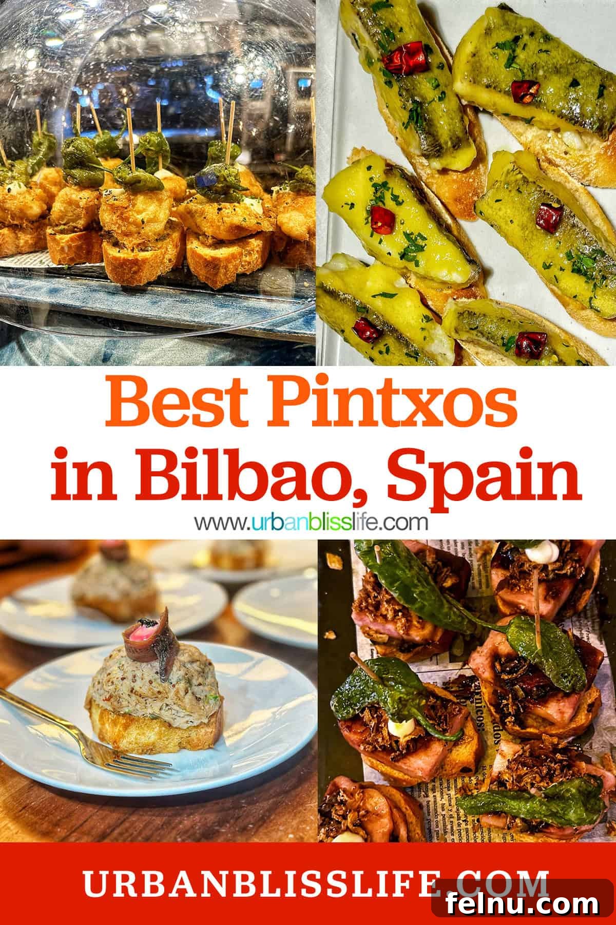 The Ultimate Pintxo Crawl: Bilbao's Best Bites 2 A vibrant display of pintxos featuring cod, tuna, and beef. The image highlights the title 'Best Pintxos in Bilbao, Spain.'