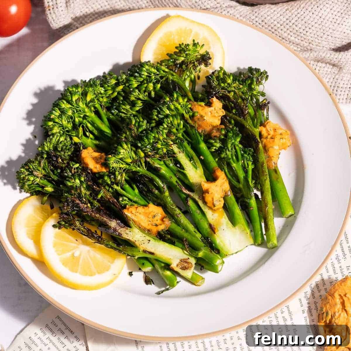 Grilled broccolini with savory tomato butter