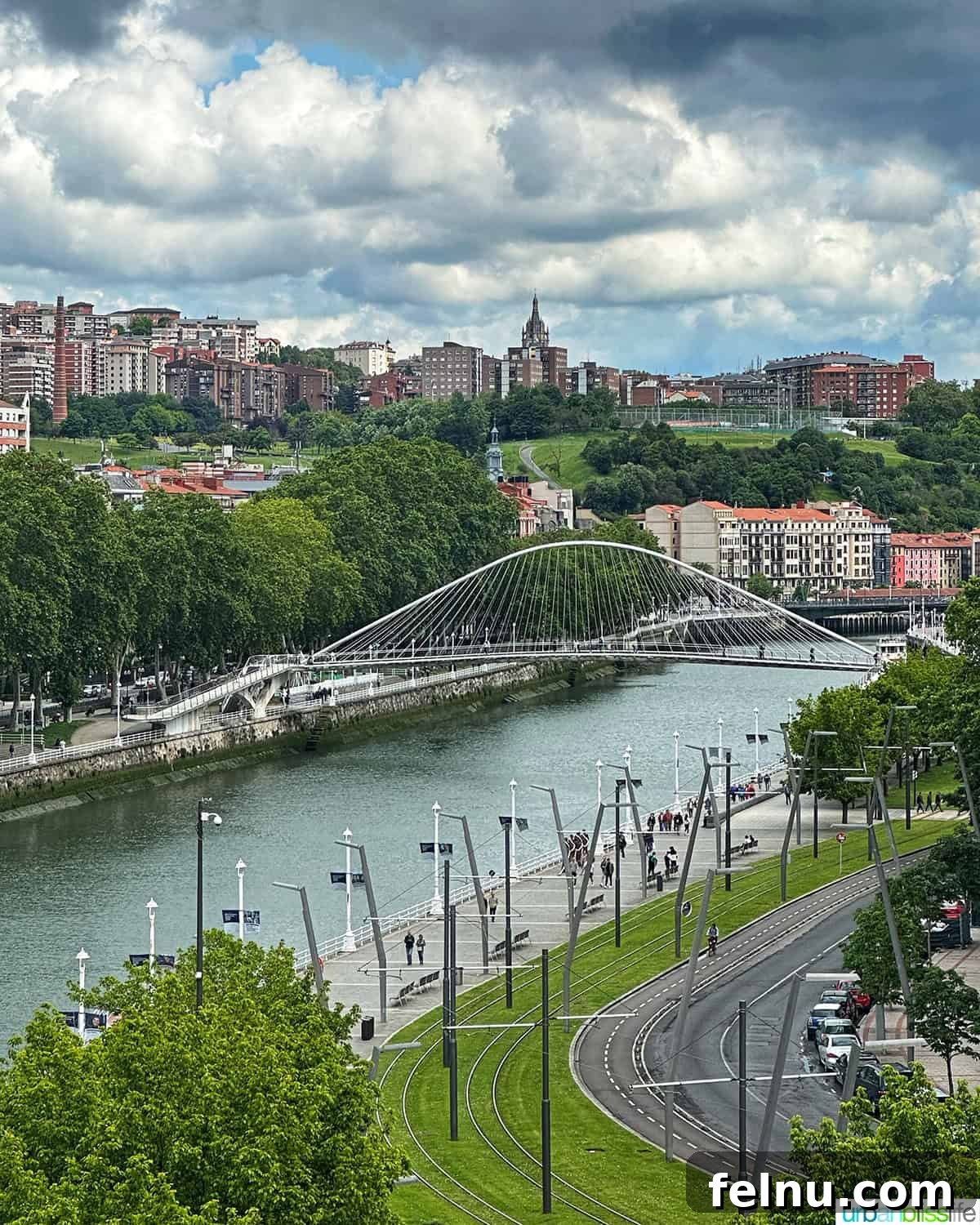 Bilbao Unveiled: Exploring Spain's Basque Masterpiece 2 Panoramic city view of Bilbao, Spain, with the Nervión River winding through modern and traditional buildings under a clear sky.