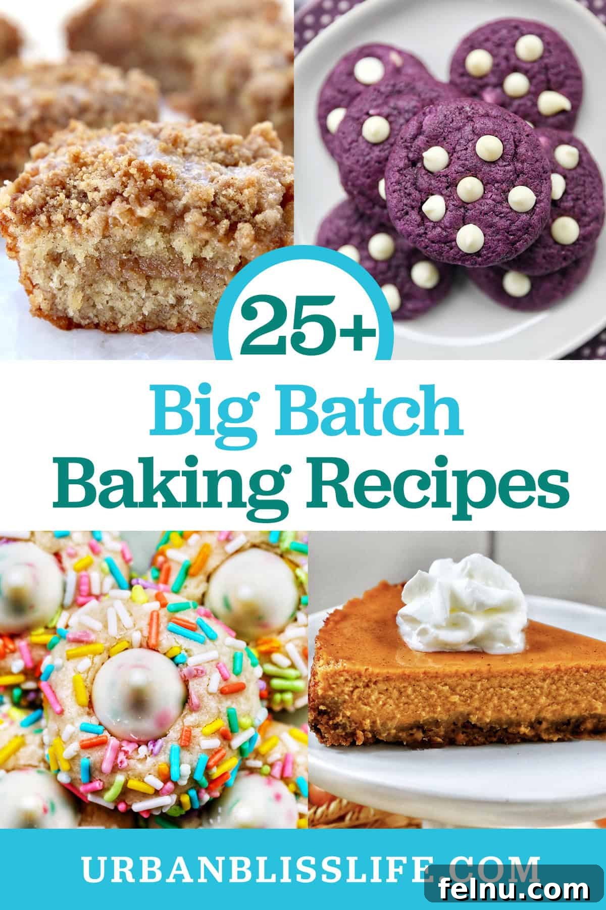 Large-Scale Baking: Recipes for a Crowd 2 Selection of cakes, pies, and cookies with the title "Big Batch Baking Recipes."