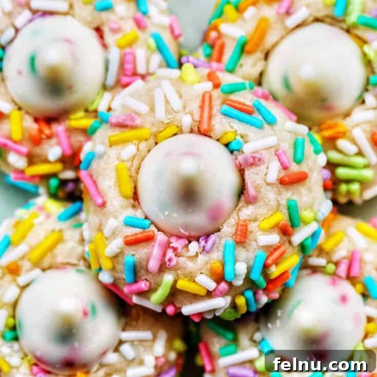 Close-up of colorful and festive almond sprinkle cookies.