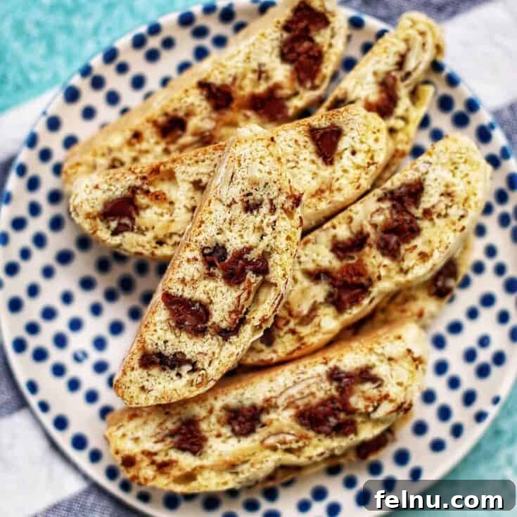 Chocolate chip almond biscotti arranged for serving.