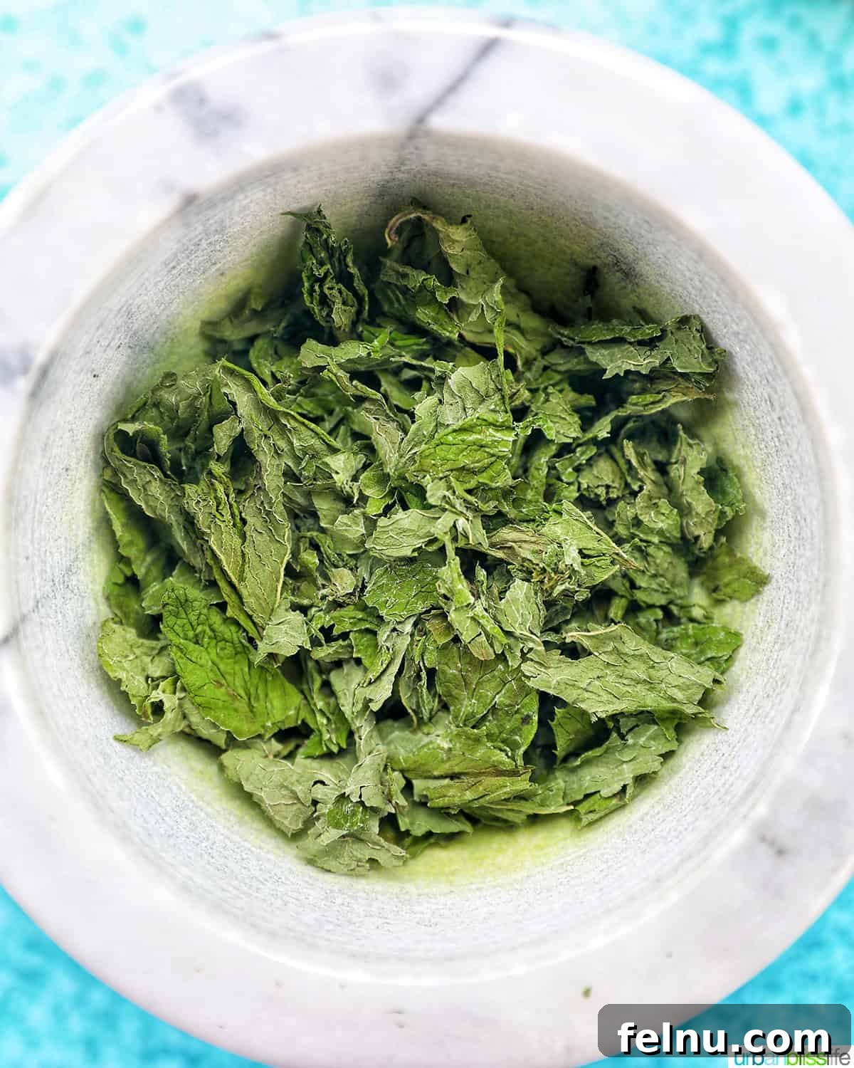 Dried mint leaves in a marble bowl