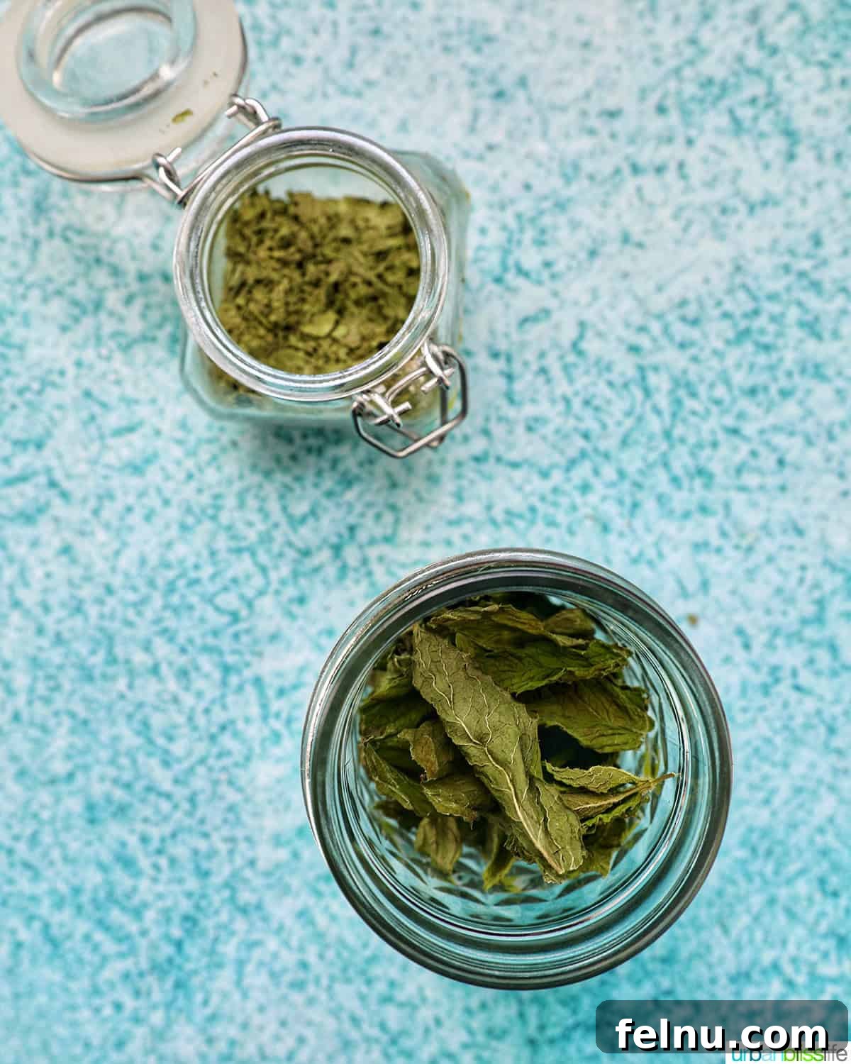 Dried mint leaves in a mason jar