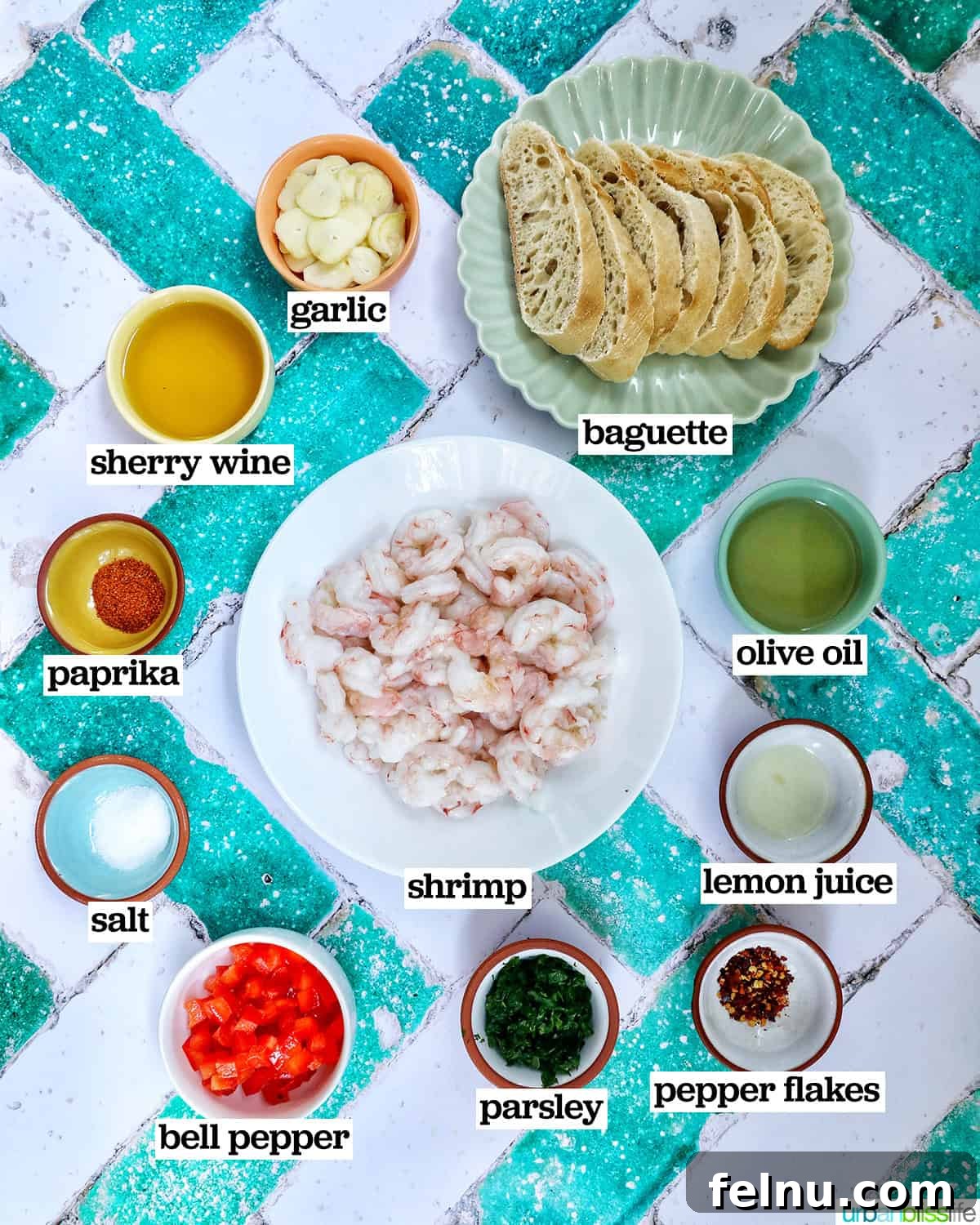 Savory Shrimp Bites 4 bowls of ingredients to make shrimp pintxos appetizers.