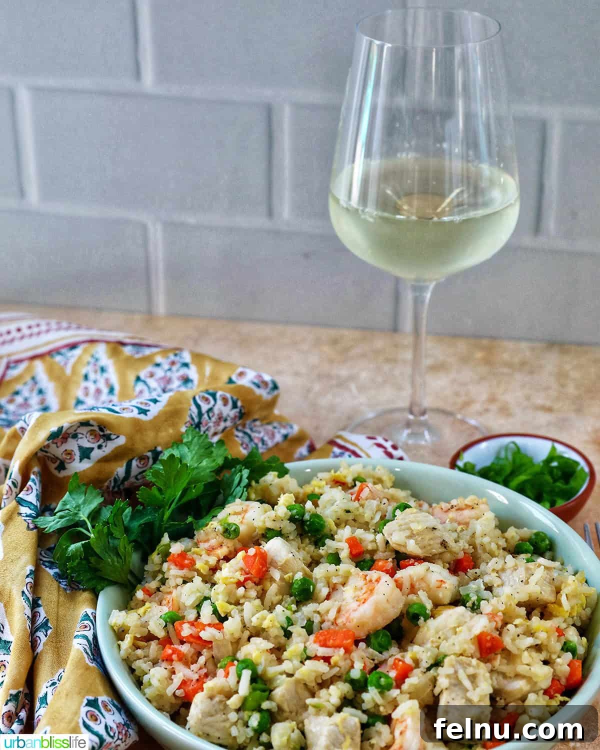 Shrimp and Chicken Stir-Fry Rice Bowl 19 Glass of white wine with shrimp and chicken fried rice