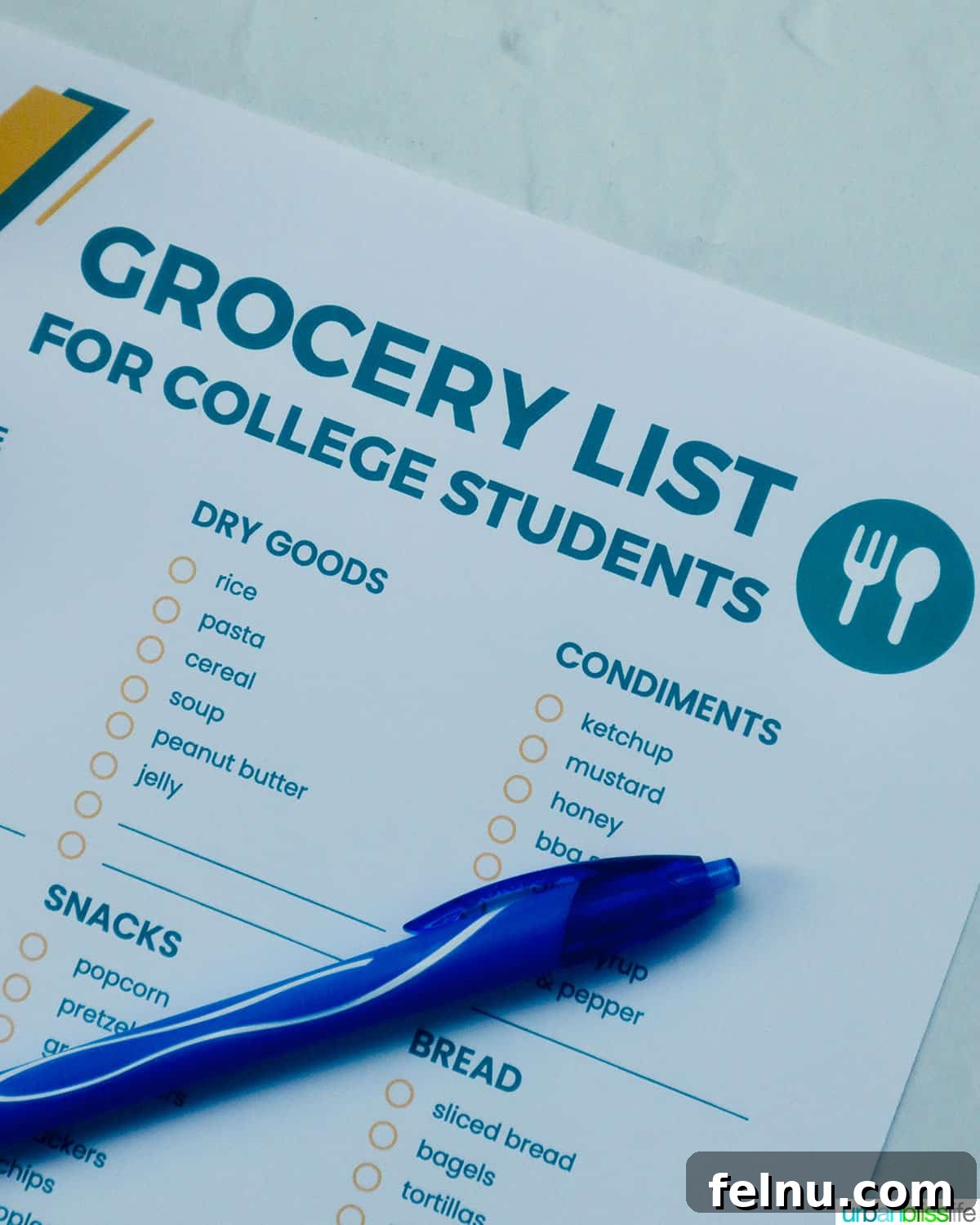 Printable grocery list for college students, with pen