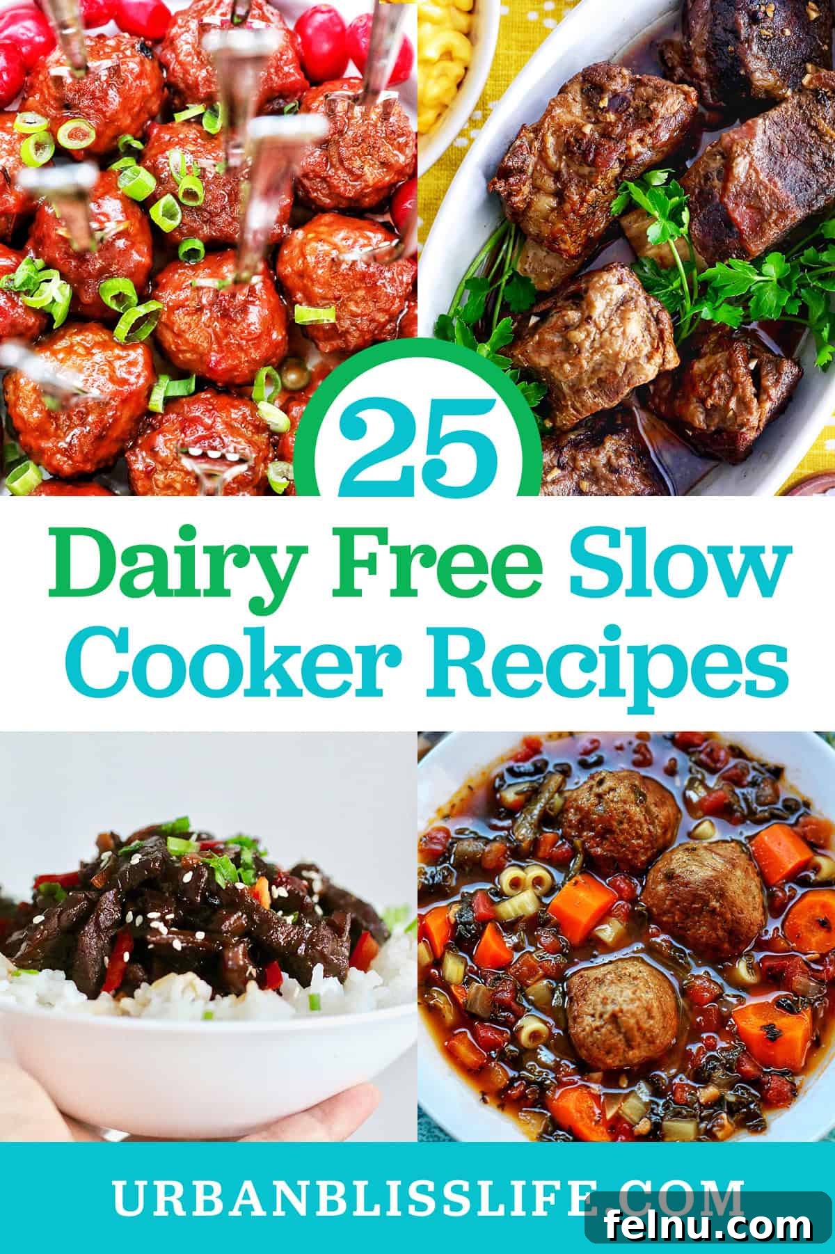 Dairy-Free Slow Cooker Delights 2 Dairy-Free Slow Cooker Recipes: Cranberry meatballs, Filipino adobo short ribs, Mongolian beef, and meatball soup.