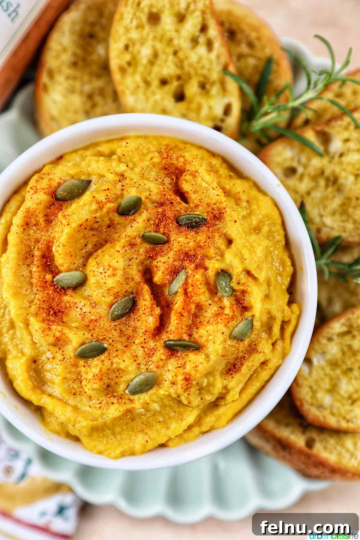 Golden Butternut Squash and Roasted Garlic Spread 2 bowl of butternut squash dip with baguette slices, fresh herbs, and a colorful napkin.