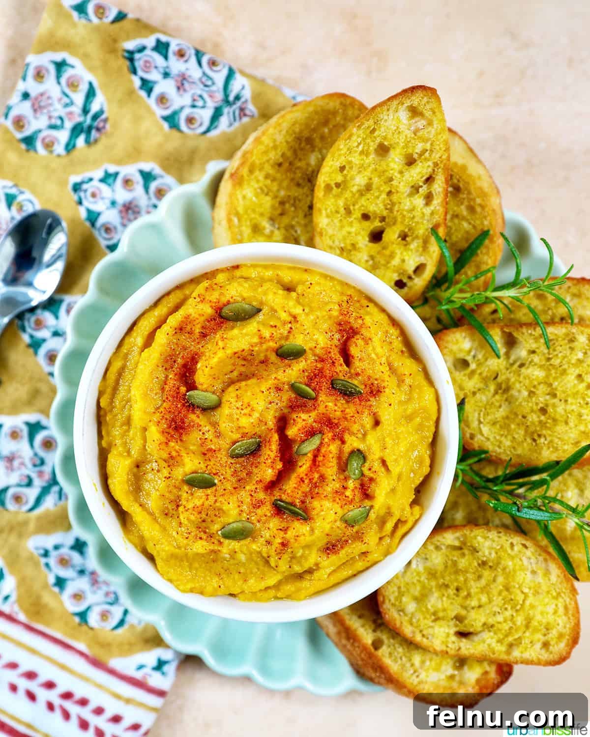 Golden Butternut Squash and Roasted Garlic Spread 3 bowl of butternut squash dip with baguette slices, fresh herbs, and a colorful napkin.