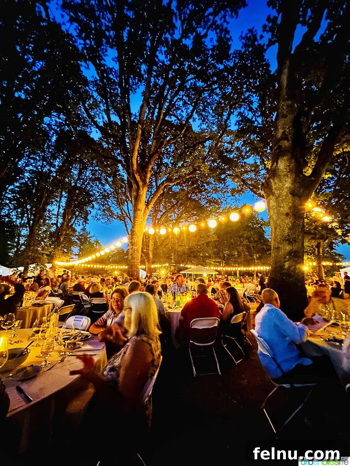 The World Pinot Noir Gala 2 An enchanting outdoor dinner scene at IPNC, with string lights illuminating tables filled with guests enjoying a grand culinary experience.