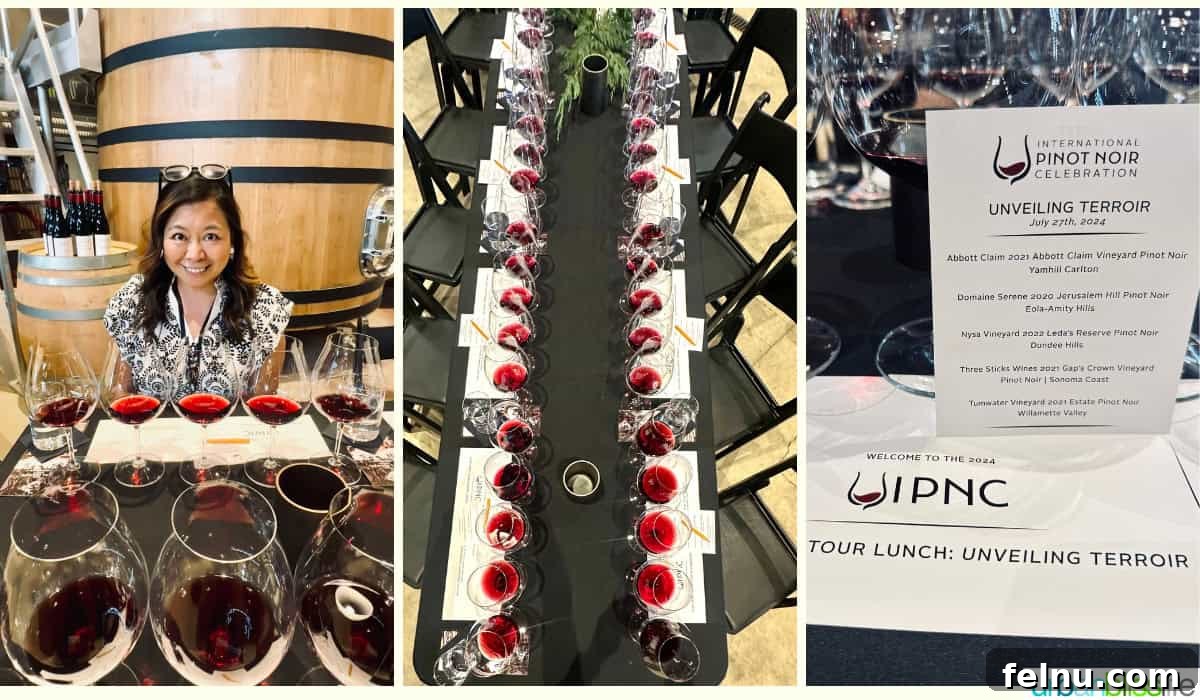 The World Pinot Noir Gala 11 Winemakers and guests participate in a blind tasting session during the IPNC winery tour, intently evaluating various Pinot Noirs.