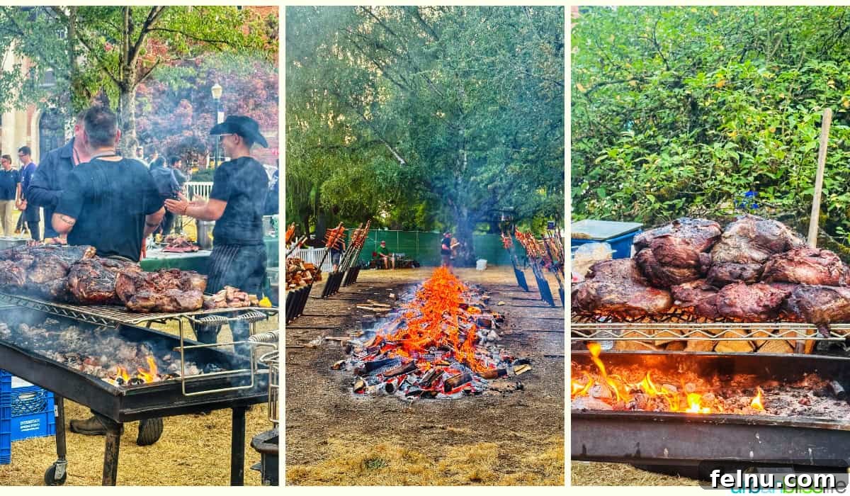 The World Pinot Noir Gala 13 Chefs expertly grilling salmon over an open fire at the IPNC Salmon Bake, creating a tantalizing aroma and visual feast.