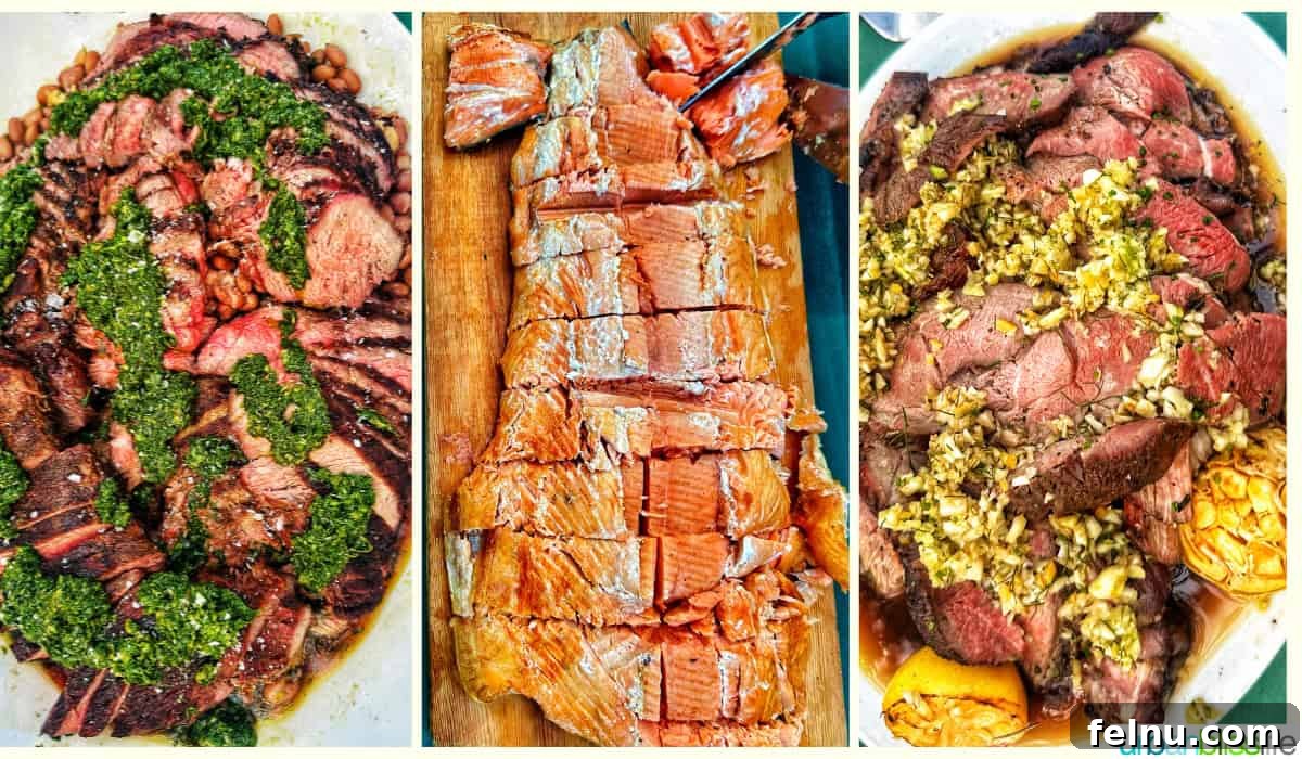 The World Pinot Noir Gala 15 A delectable spread of main courses at the IPNC Salmon Bake, including beef tri-tip, alder-roasted salmon, and slow-cooked leg of lamb.