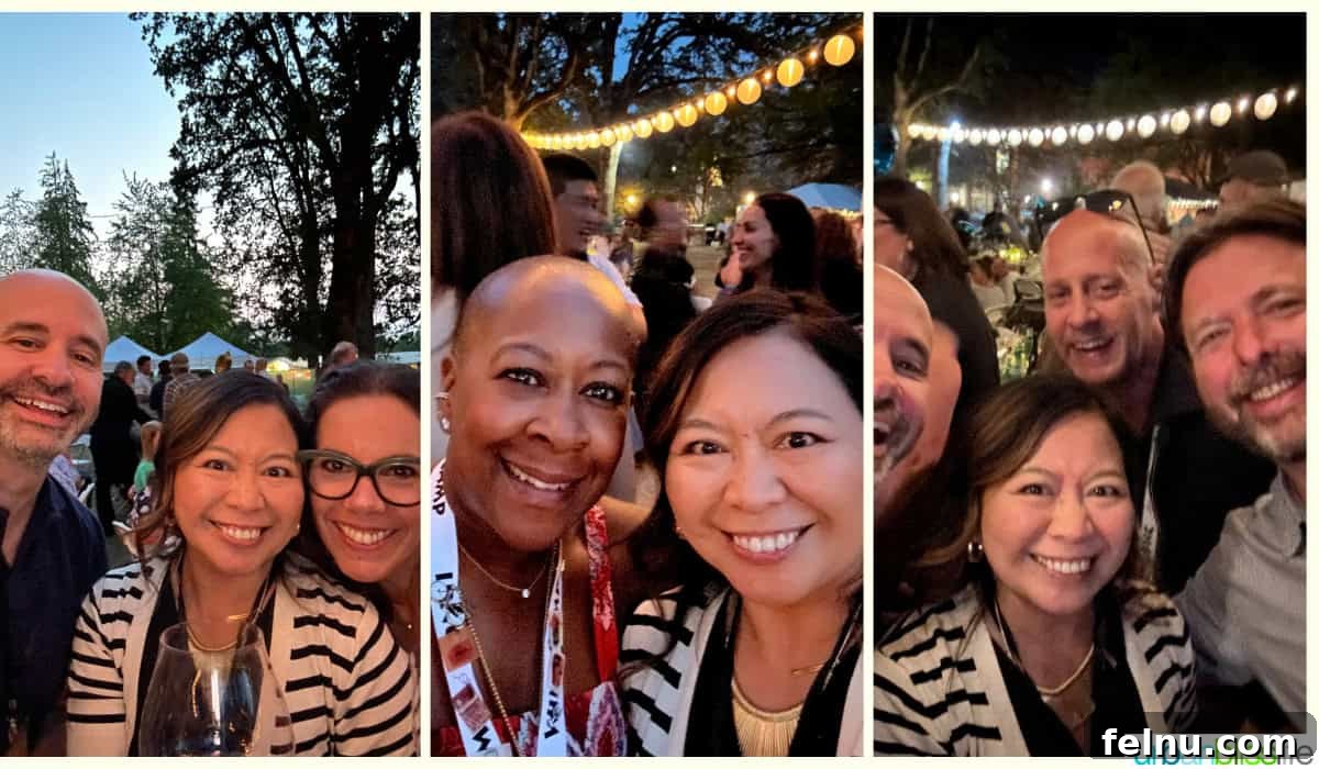 The World Pinot Noir Gala 16 Marlynn and friends enjoying the lively atmosphere and engaging conversations at the IPNC Salmon Bake dinner.