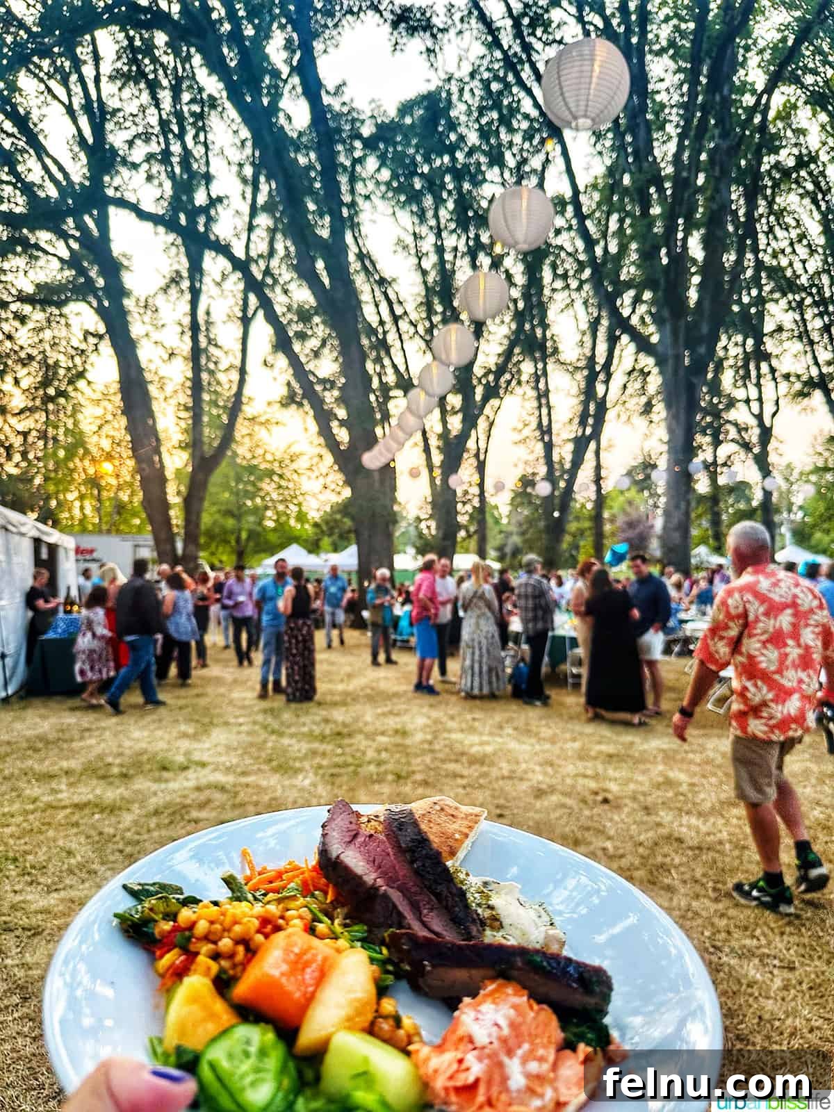 The World Pinot Noir Gala 21 A beautifully plated dish of salmon and sides at the IPNC Salmon Bake, set on a table under the evening sky, symbolizing the event's grand experiences.