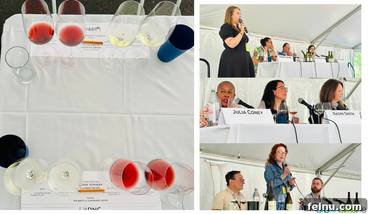 The World Pinot Noir Gala 5 A panel of esteemed wine experts engaged in a lively discussion during the Grand Seminar at IPNC, sharing insights on Pinot Noir.