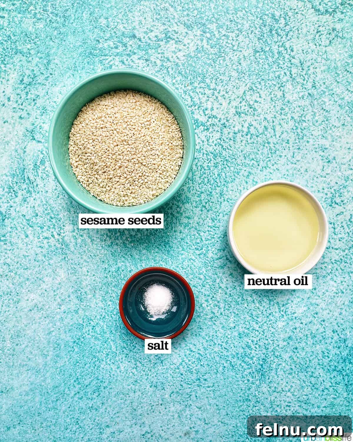 Crafting Your Own Tahini 5 bowls of three ingredients - oil, sesame seeds, and salt - to make tahini.