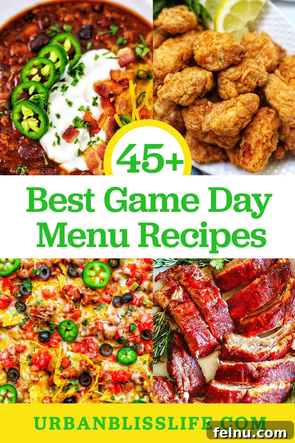 Ultimate Game Grub 2 Instant Pot chili, air fryer popcorn chicken, Tex Mex vegetarian nachos, and Instant Pot BBQ ribs spread on a table with a title text overlay '45+ Best Game Day Menu recipes.'