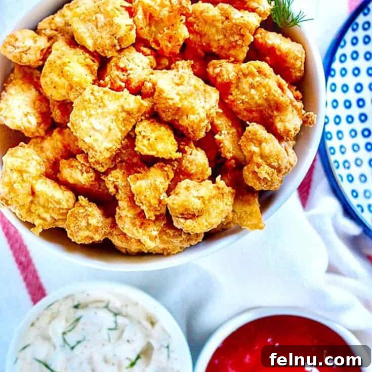 Crispy Air Fryer Popcorn Chicken served in a bowl, perfect for Game Day snacking.