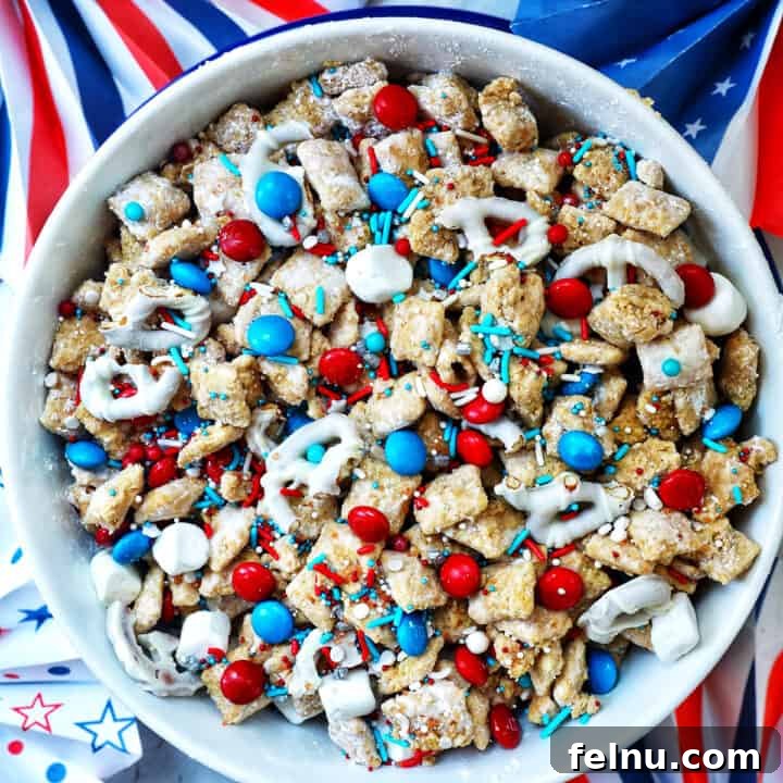 Effortlessly Delicious Patriotic Puppy Chow 19 red white and blue patriotic puppy chow in a bowl