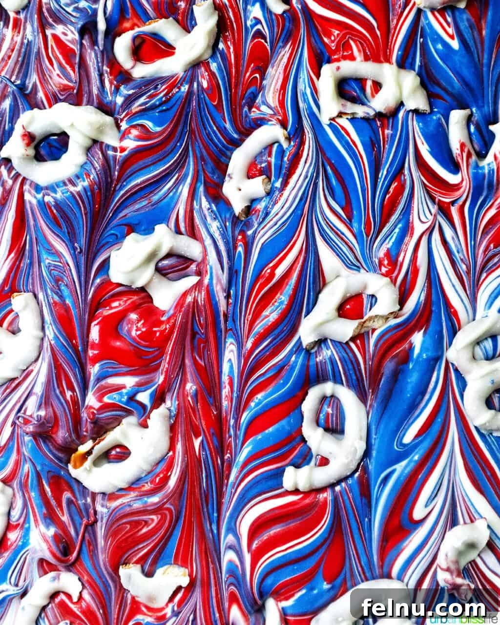 Fourth of July Freedom Bark 11 A close-up of the red, white, and blue patriotic bark, beautifully marbled and ready for its toppings.
