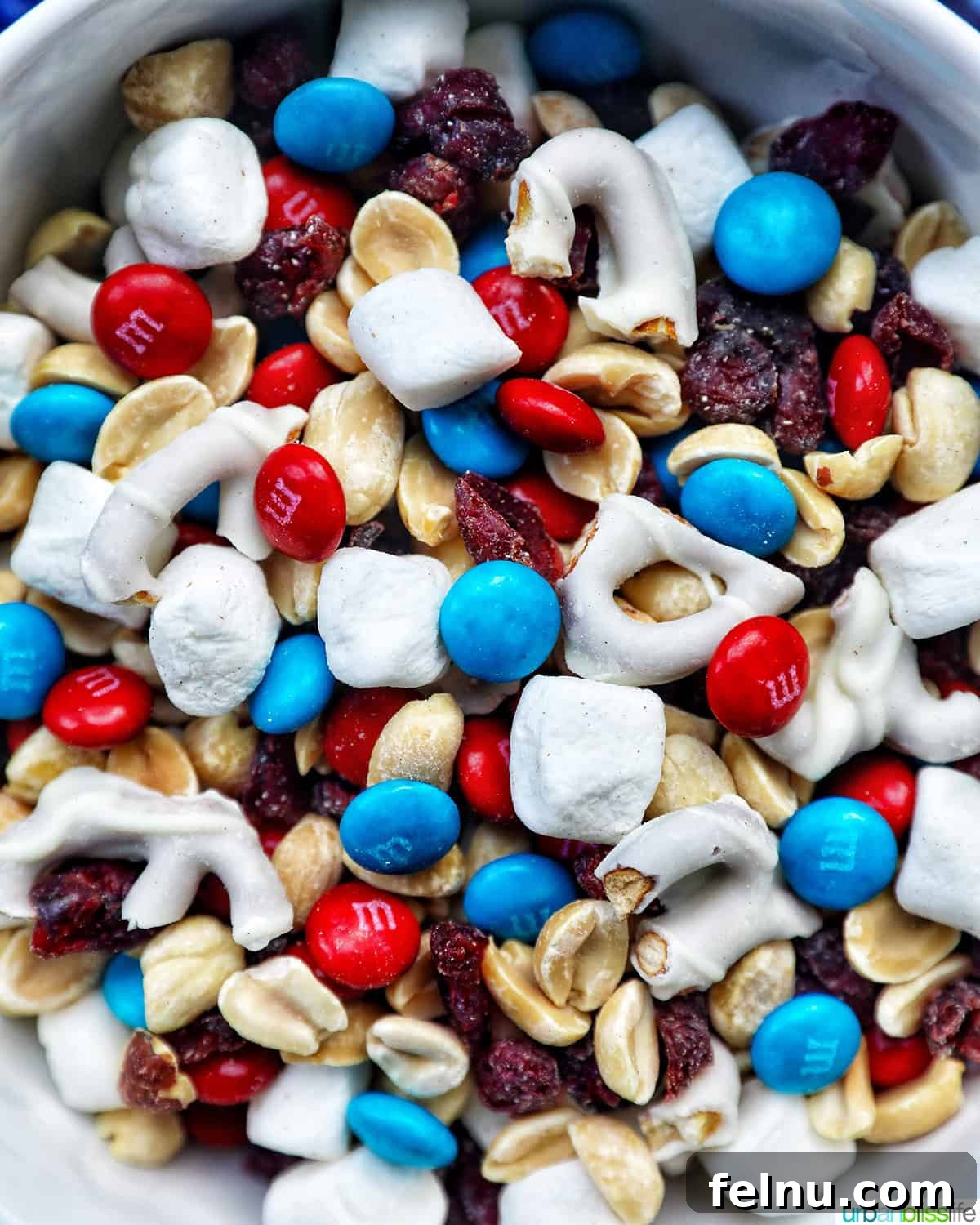 Stars and Stripes Snack Blend 3 Close-up shot of the delicious red, white, and blue trail mix showing vibrant colors and textures.