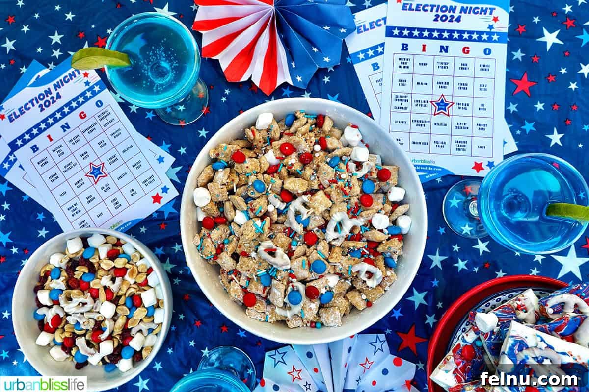 Ultimate Election Night Celebration Guide 4 Election Night Party setting with patriotic puppy chow, election bingo cards, decorations, red, white and blue trail mix, and red, white, and blue bark and blue wave cocktails.