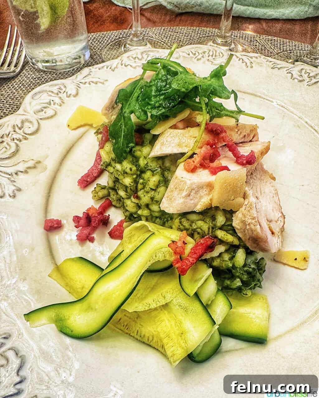 Chicken zucchini pesto risotto at Chateau de Valcreuse